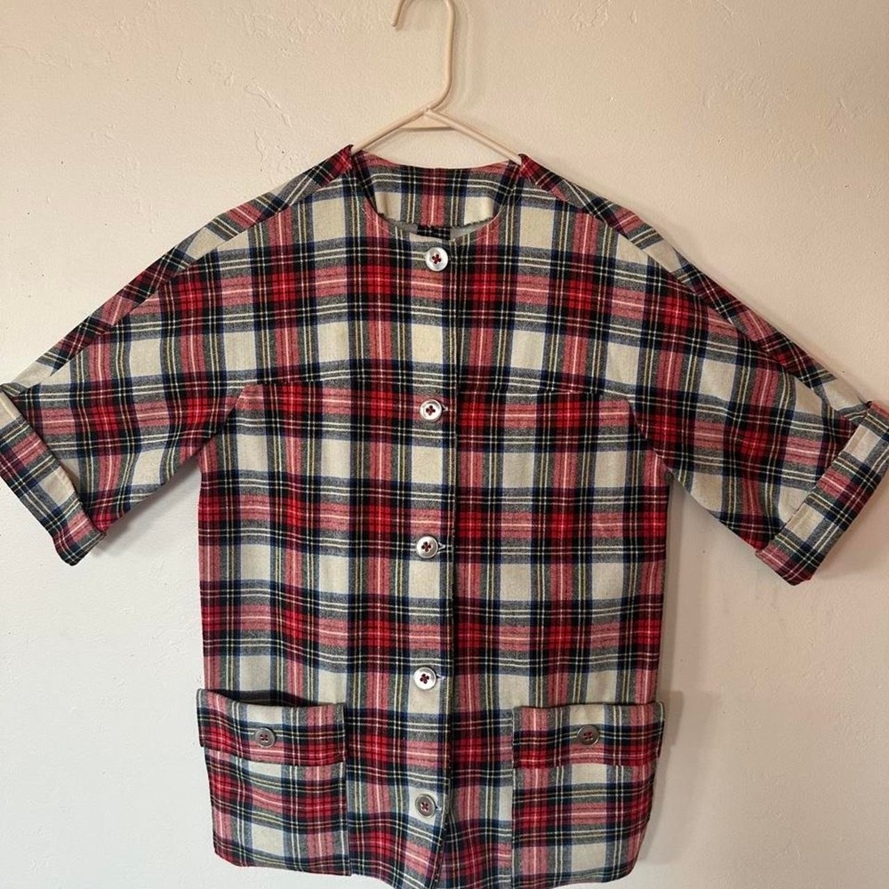 Vintage handmade wool Red, white, and black plaid button-up shirt with pockets